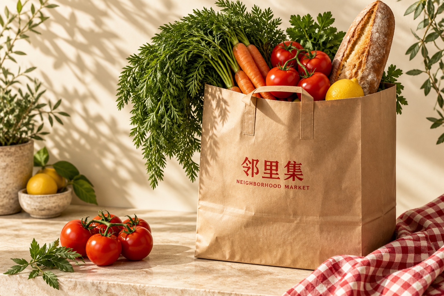 邻里集纸袋里的新鲜蔬菜、面包与柠檬